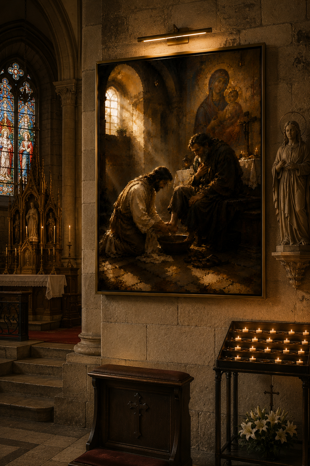 Lienzo religioso sobre una cómoda de madera antigua