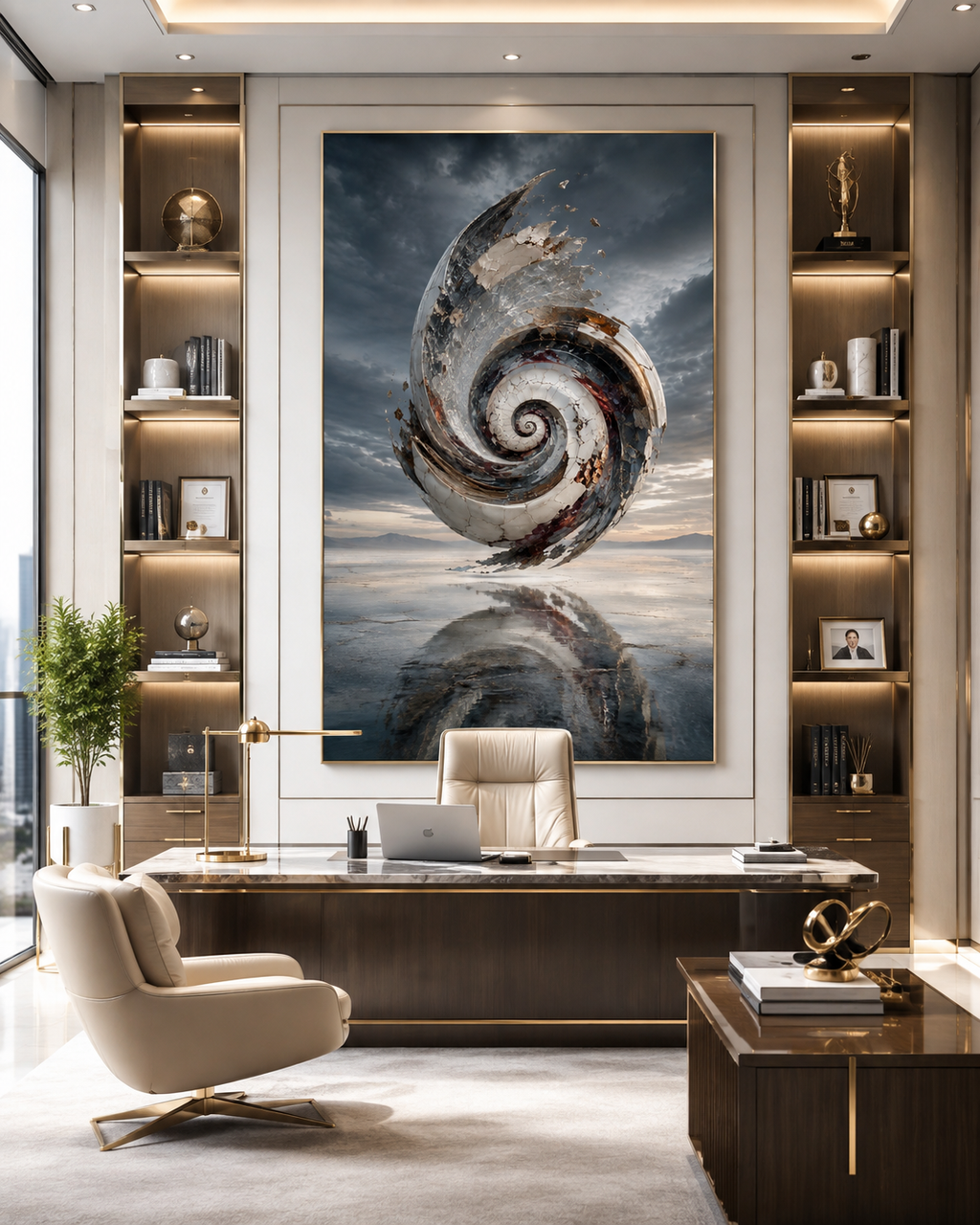 Lienzo abstracto surrealista en salón con sofá curvo