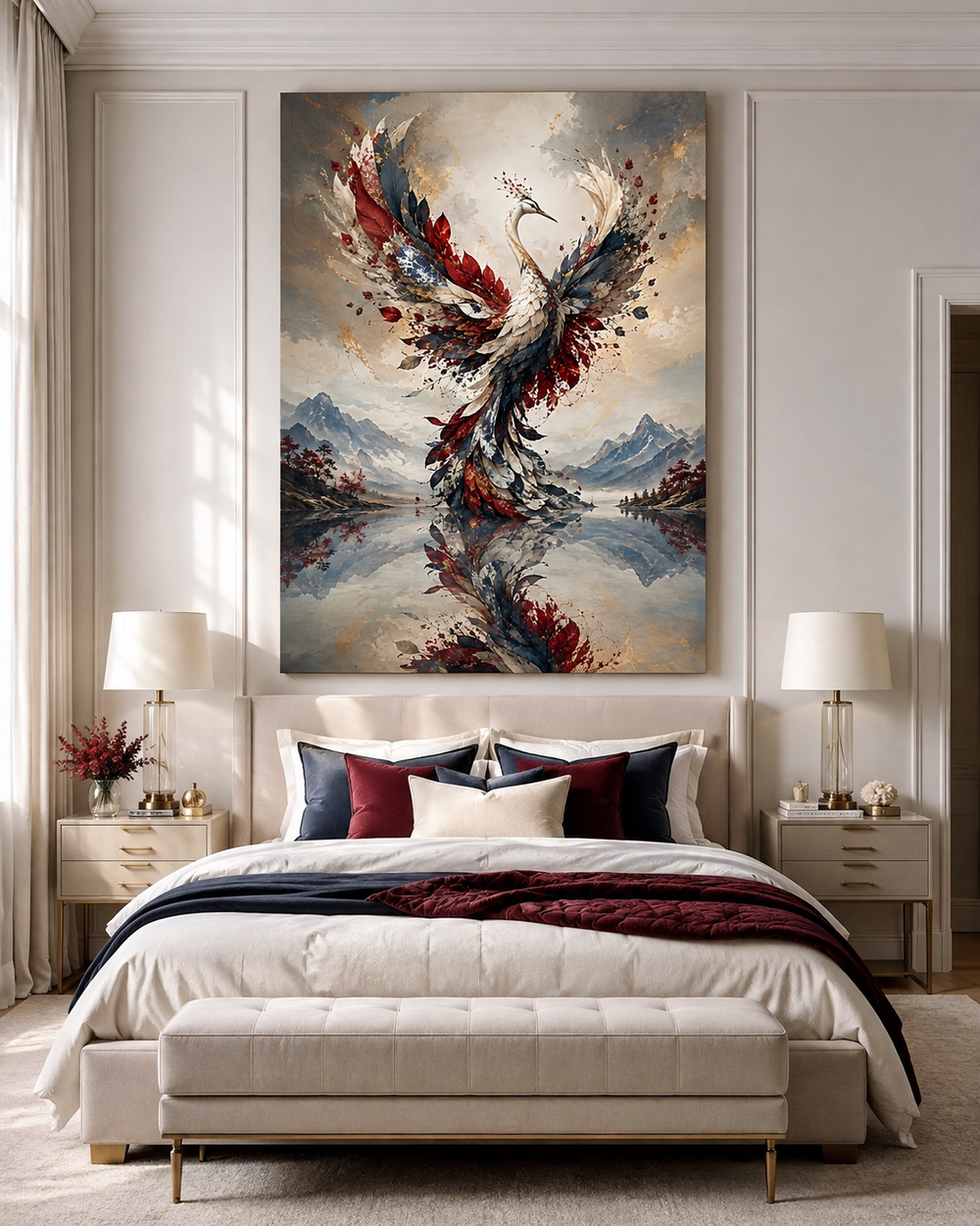 Grulla fénix con plumaje granate, azul y dorado | arte de pared