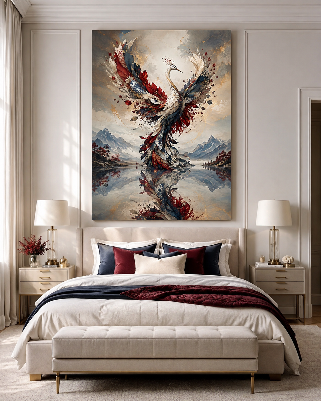 Grulla fénix con plumaje granate, azul y dorado | arte de pared