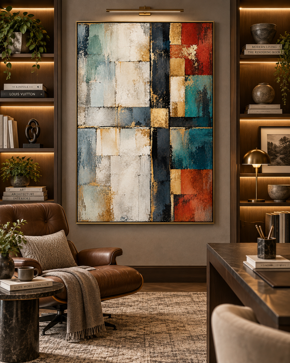 Cuadro geométrico Mosaico en Gris, Rojo y Oro ambientado en comedor