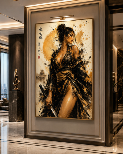 Lienzo de guerrera japonesa con estética elegante y dorada