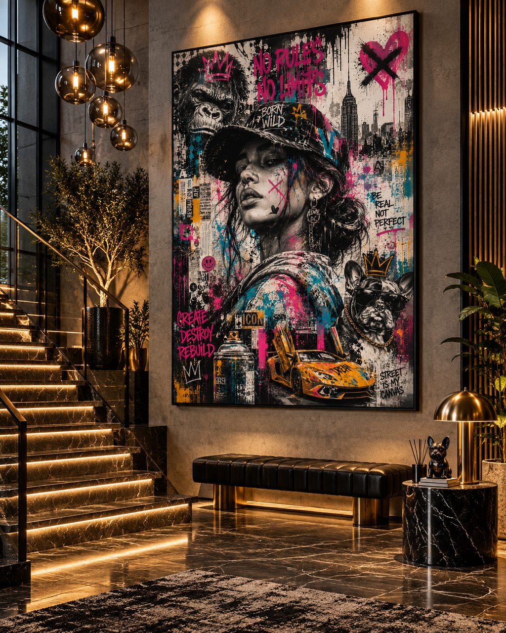 Lienzo de arte urbano Born Wild junto a una escalera iluminada con banco de cuero negro y lámpara de bolas