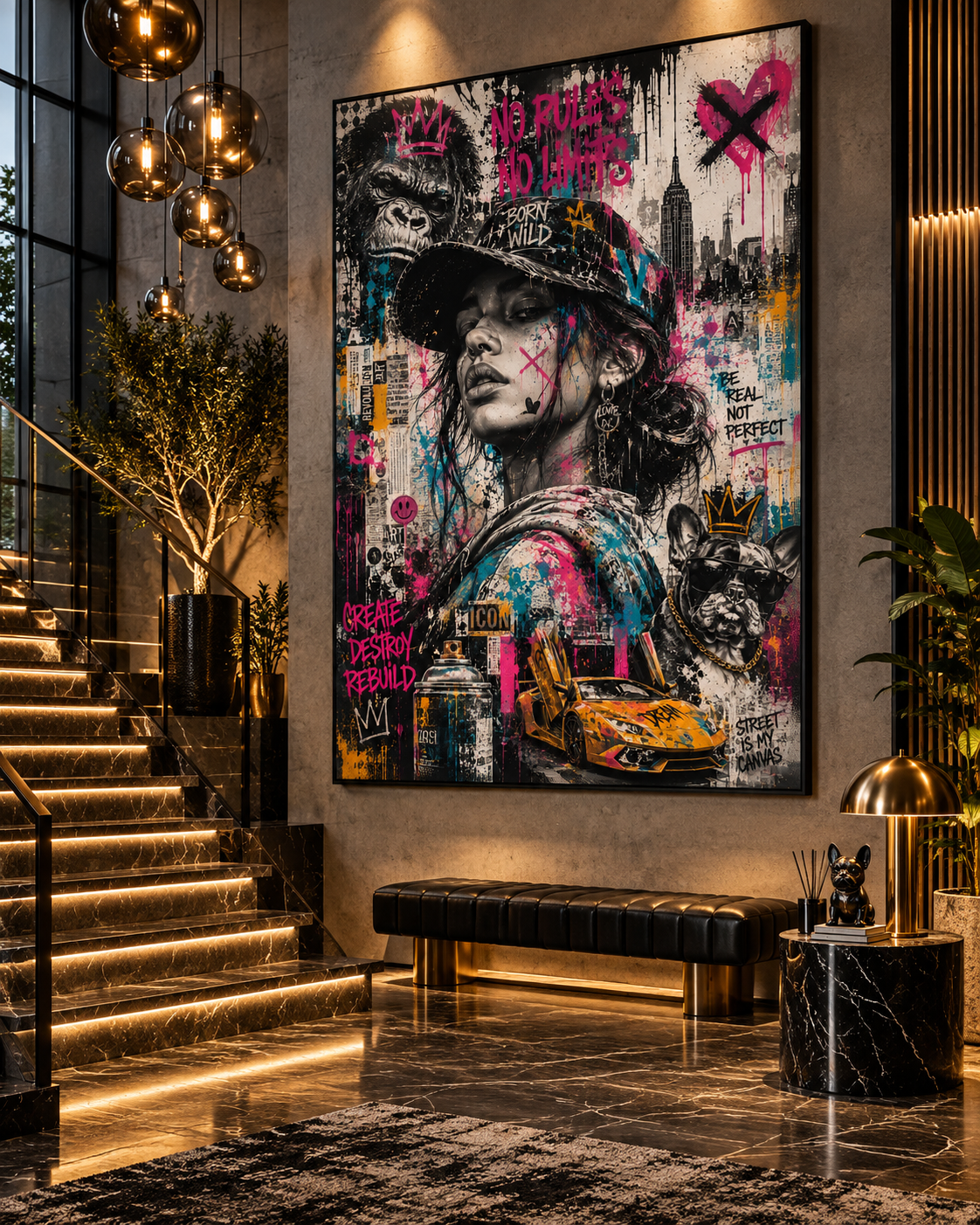 Lienzo de arte urbano Born Wild junto a una escalera iluminada con banco de cuero negro y lámpara de bolas