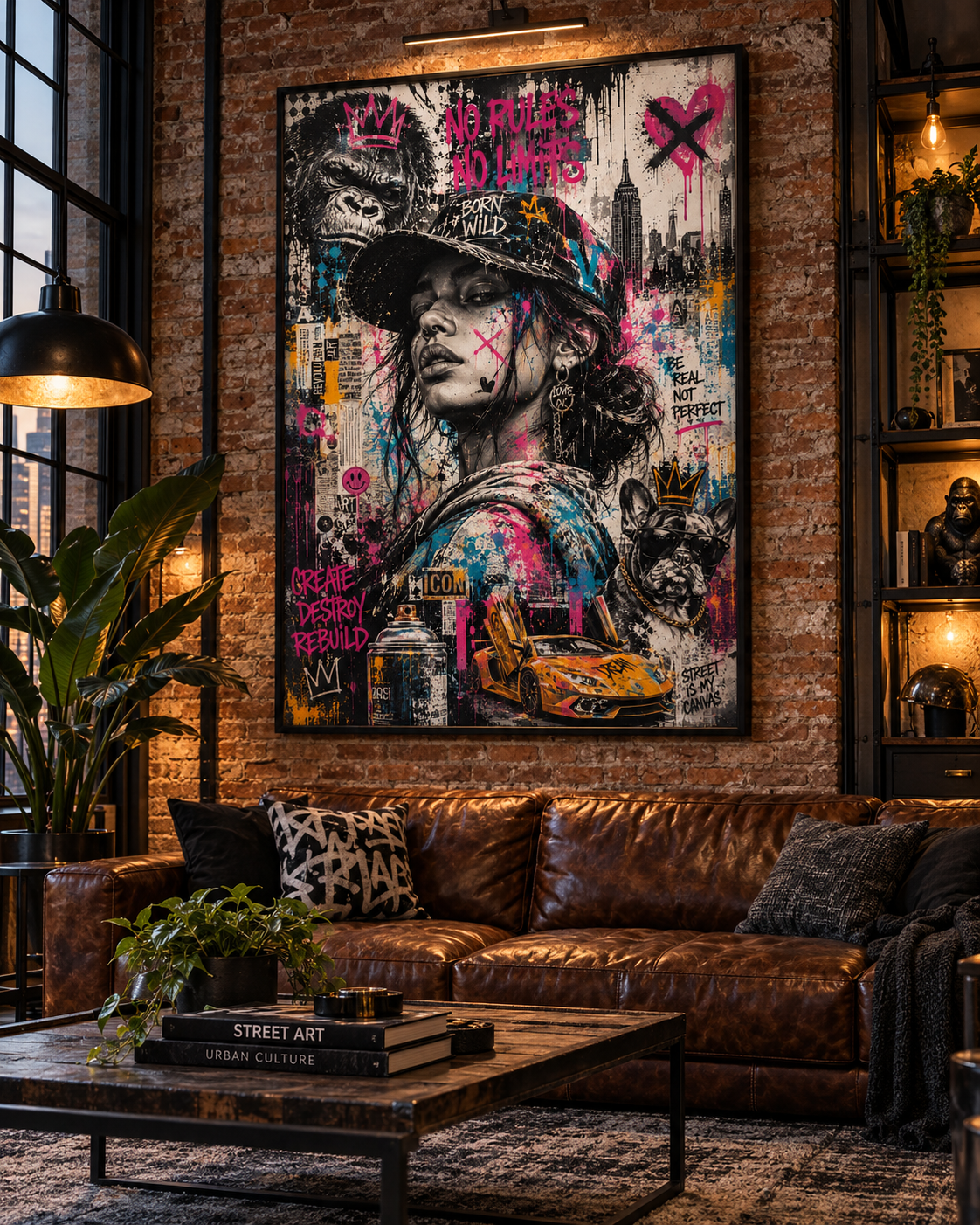 Lienzo Born Wild sobre un sofá Chesterfield marrón en un loft de ladrillo visto con plantas y mesa de madera