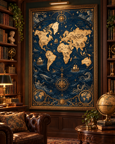 Lienzo de mapa antiguo con barcos y criaturas marinas en una biblioteca con sillón Chesterfield y globo terráqueo