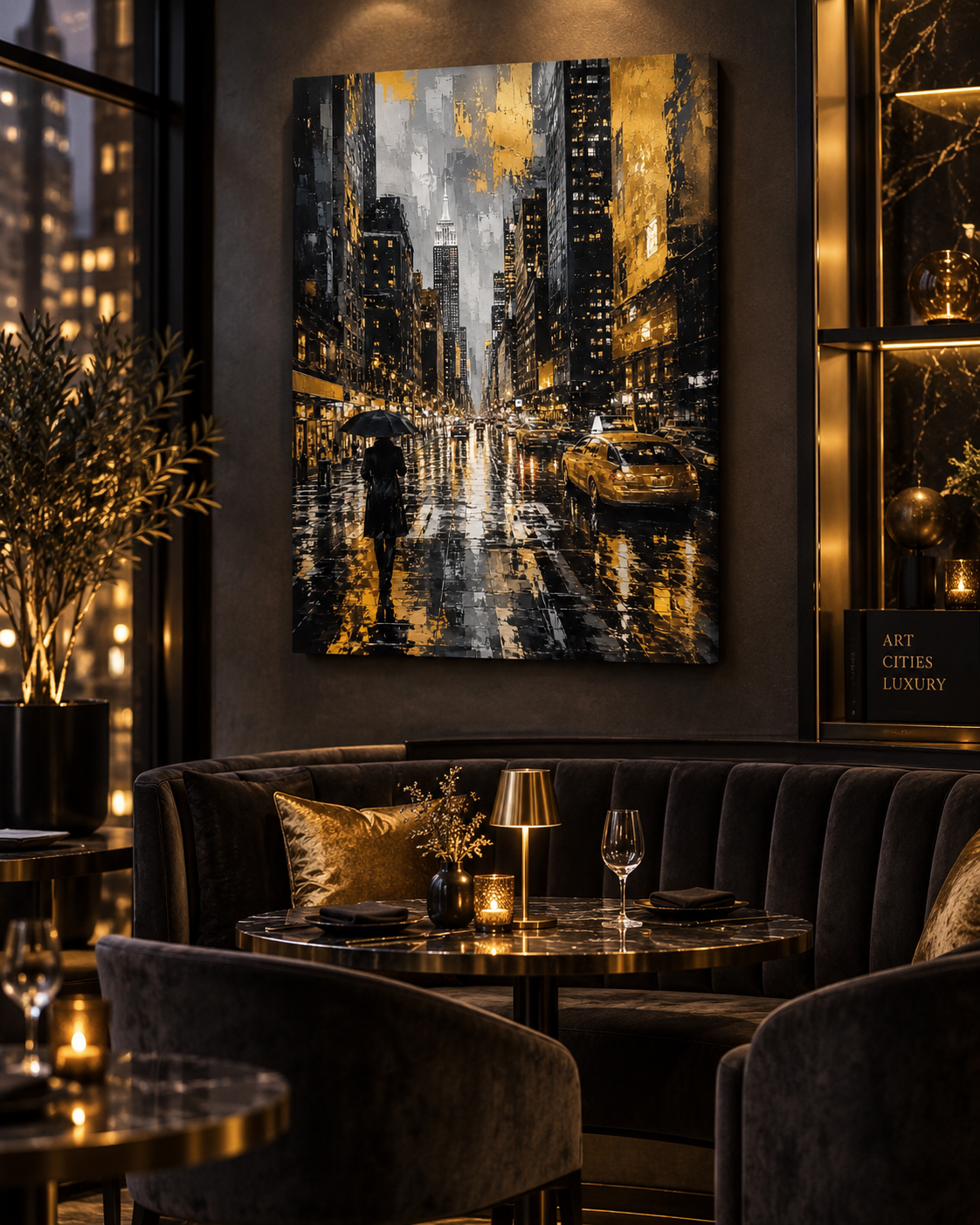 Nueva York Bajo la Lluvia | Lienzo de Arte Urbano en Negro y Dorado