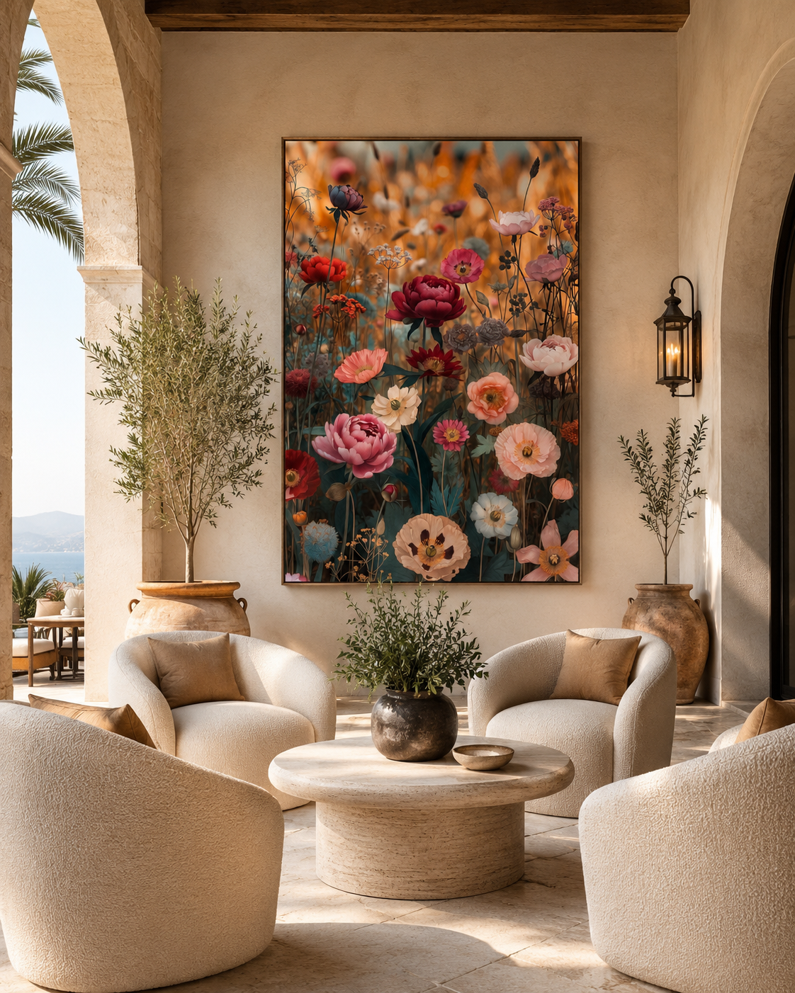 Arte floral elegante con amapolas, peonías y tonos dorados