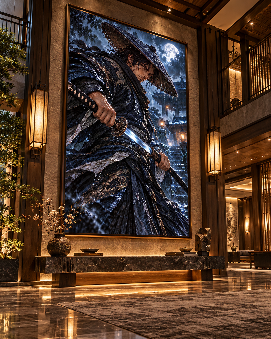 Lienzo Ronin bajo la Lluvia, samurái con katana impreso en algodón premium (vista 2 de 11)