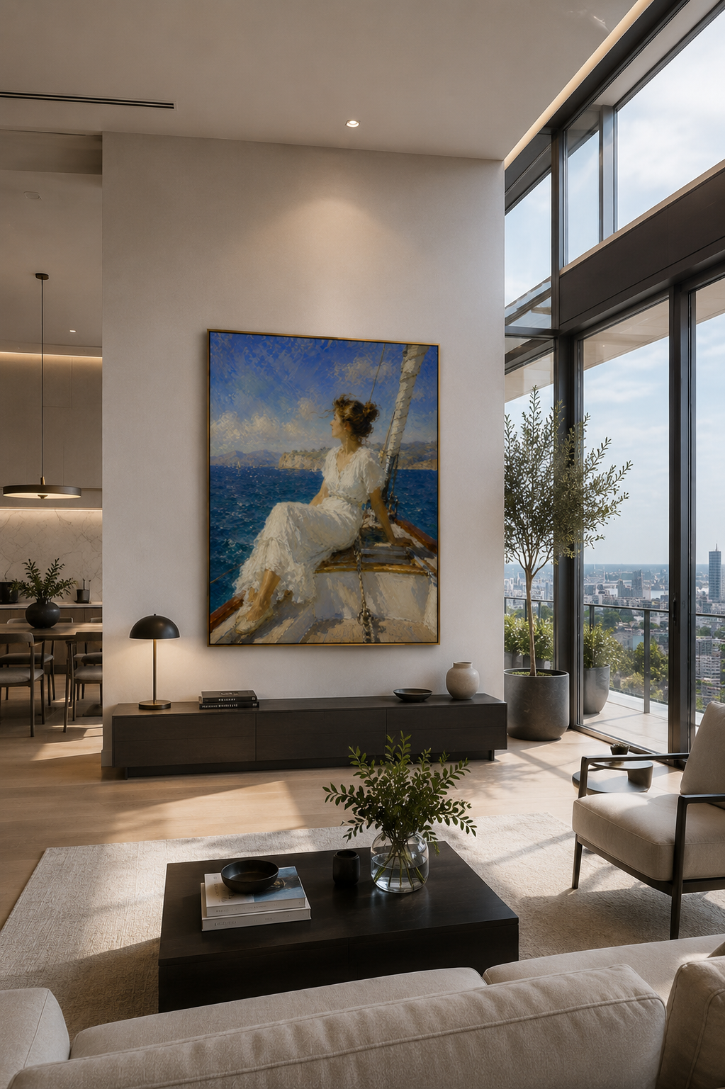Lienzo impresionista de velero en una casa costera