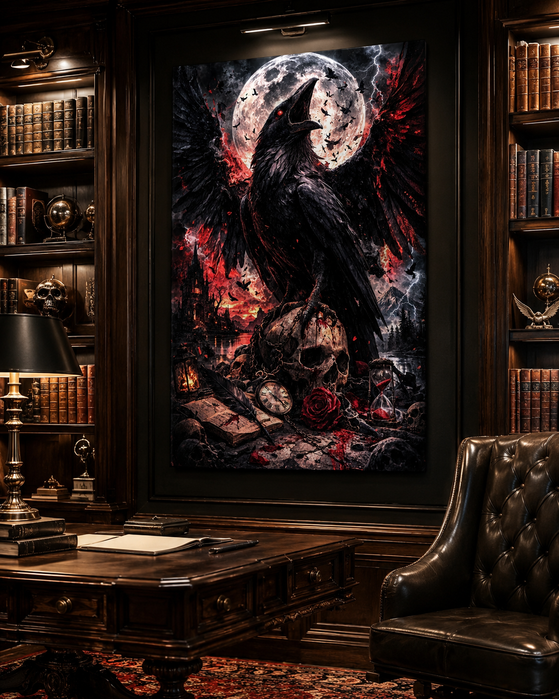 Cuervo y calavera bajo la luna | arte decorativo oscuro