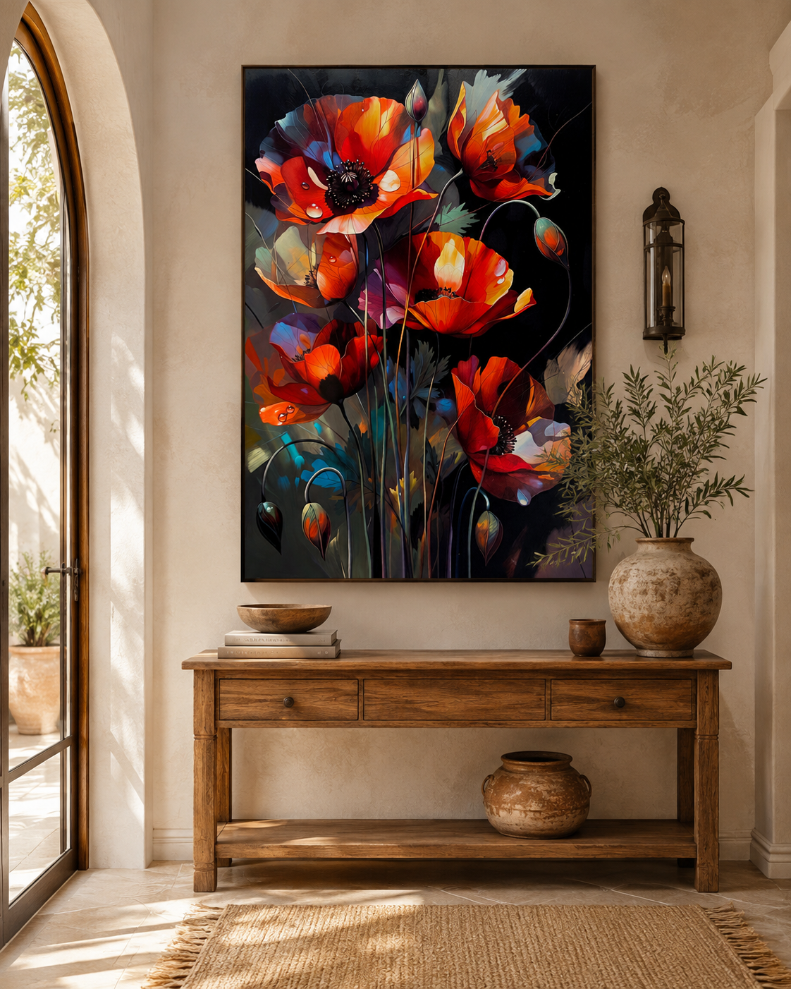 Arte floral elegante con amapolas rojas y naranjas