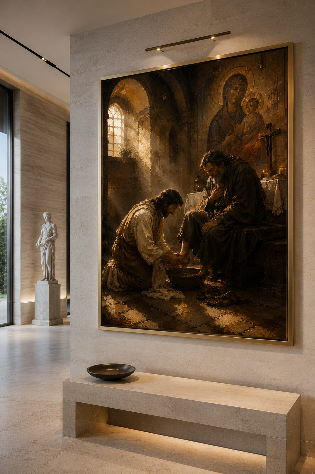 Lienzo religioso sagrado en un pasillo minimalista moderno