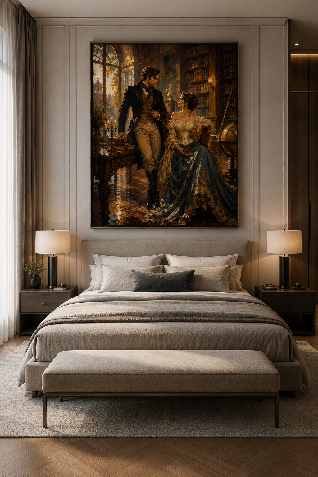 Lienzo de romance victoriano sobre una cama en un dormitorio elegante