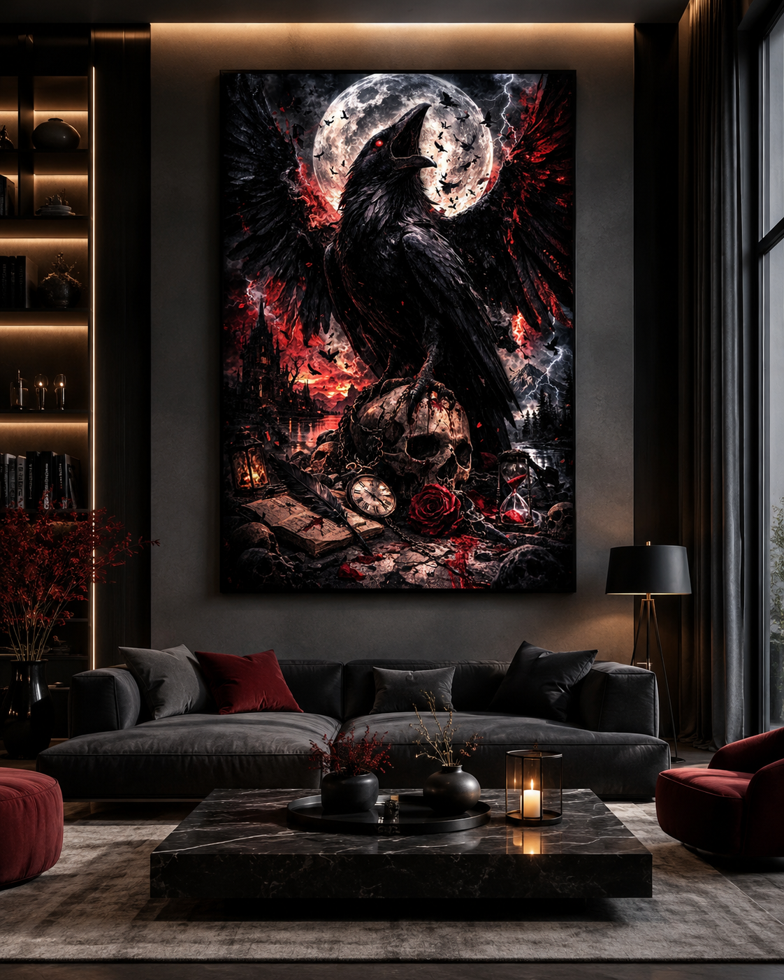 Arte de fantasía oscura con cuervo, calavera y luna llena