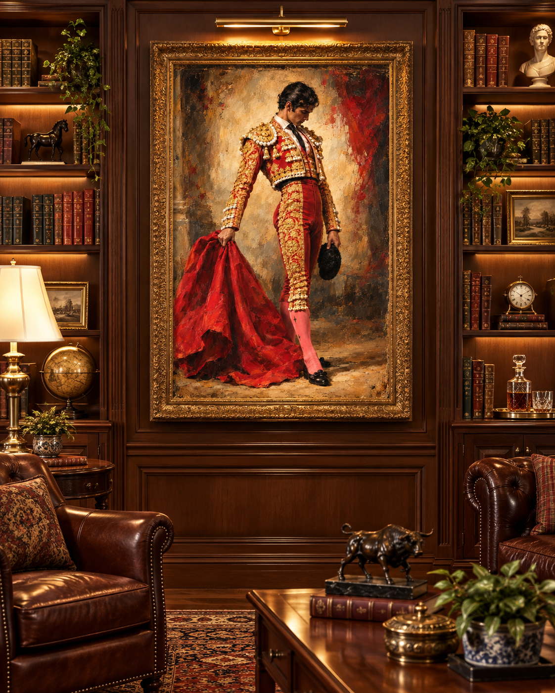Cuadro de torero en traje de luces en una biblioteca con estanterías de madera, sillón Chesterfield y figura de toro