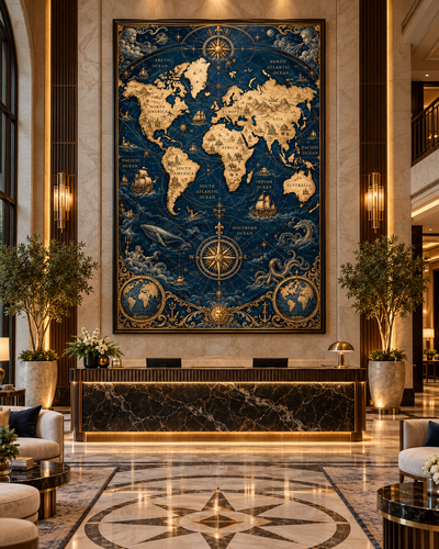 Cuadro de mapa mundi del explorador en azul y dorado tras el mostrador de mármol de un vestíbulo de hotel