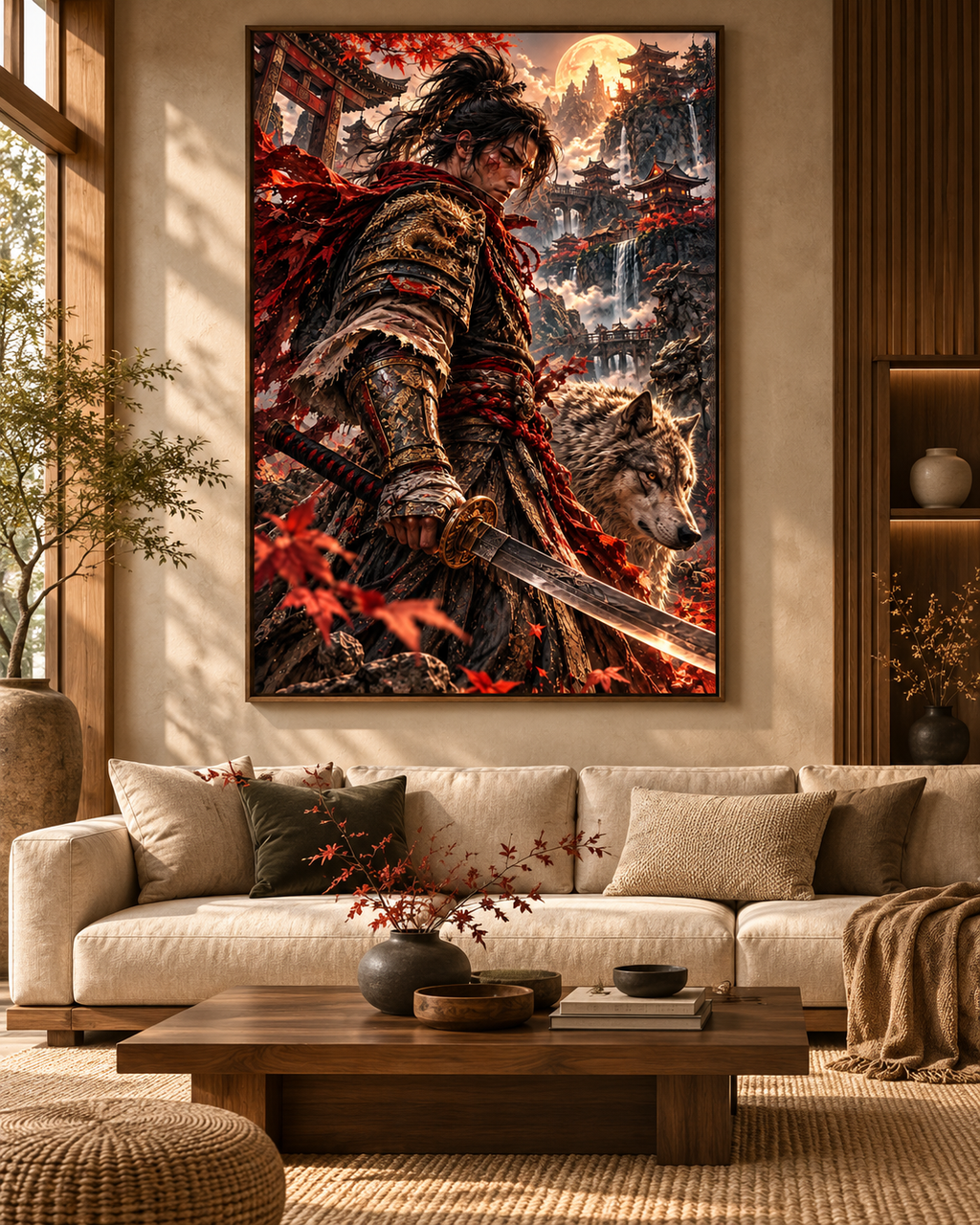 Lienzo Samurái y Lobo entre Arces Rojos, arte japonés impreso en algodón premium (vista 9 de 10)