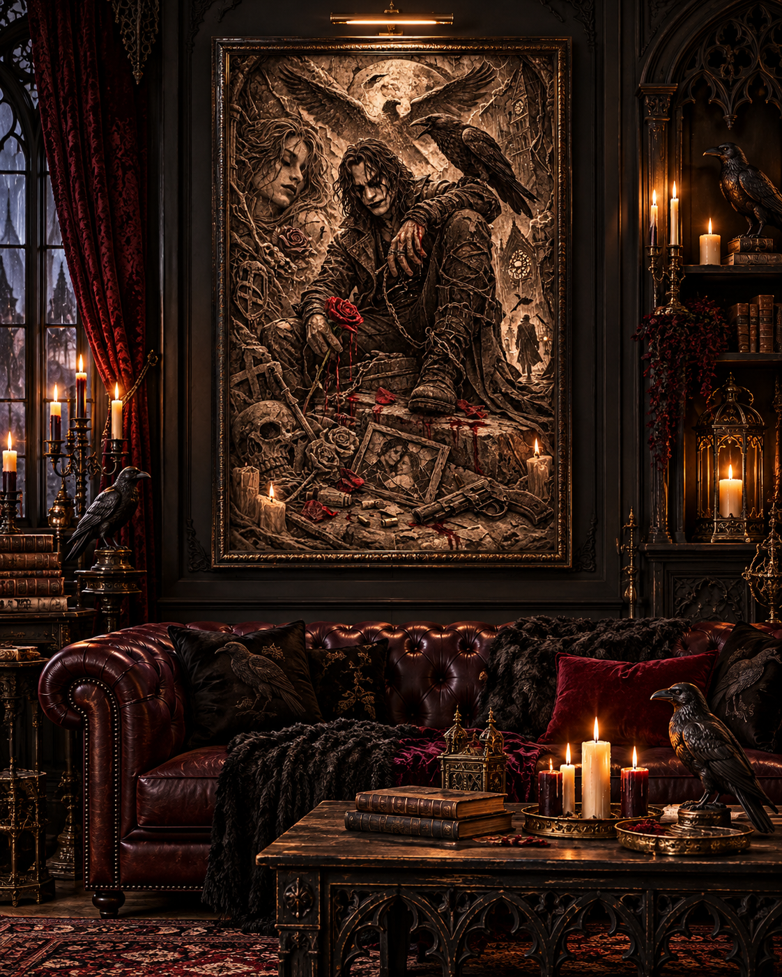 Lienzo de arte gótico con cuervo en un salón victoriano oscuro con sofá Chesterfield granate y libros