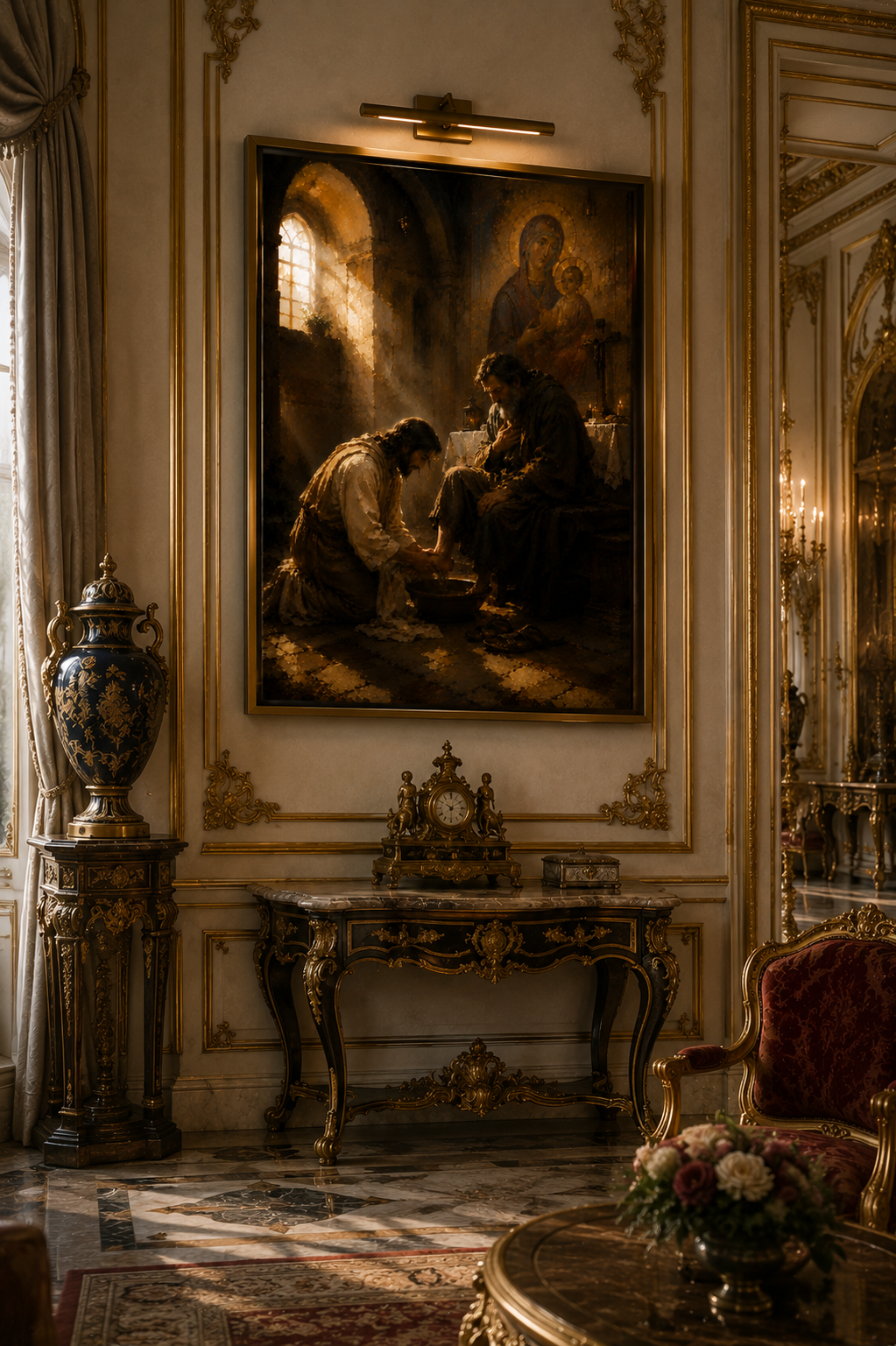 Lienzo de arte sagrado dentro de una capilla a la luz de las velas