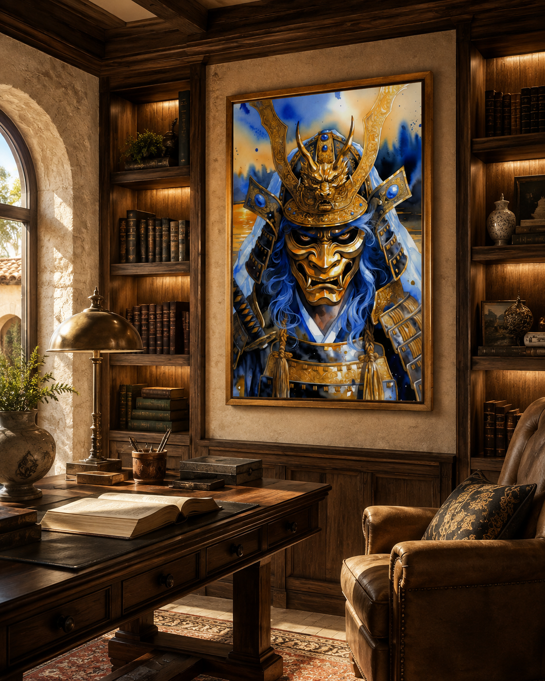 Arte de samurái con dragón dorado en composición épica