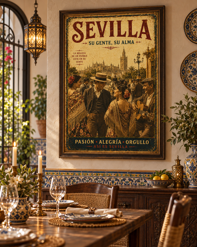 Lienzo Sevilla Su Gente Su Alma en un salón clásico con estantería y sillón de cuero, marco no incluido