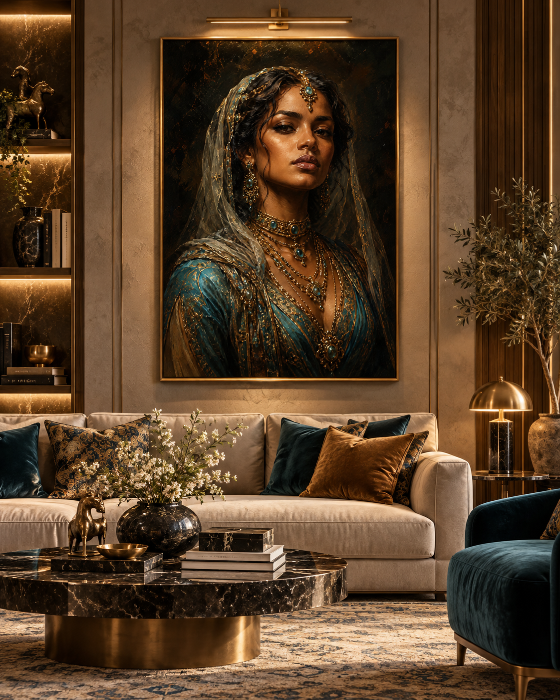 Lienzo Reina del Oasis en turquesa y oro en un salón moderno con sofá crema, mesa de mármol negro y estanterías iluminadas