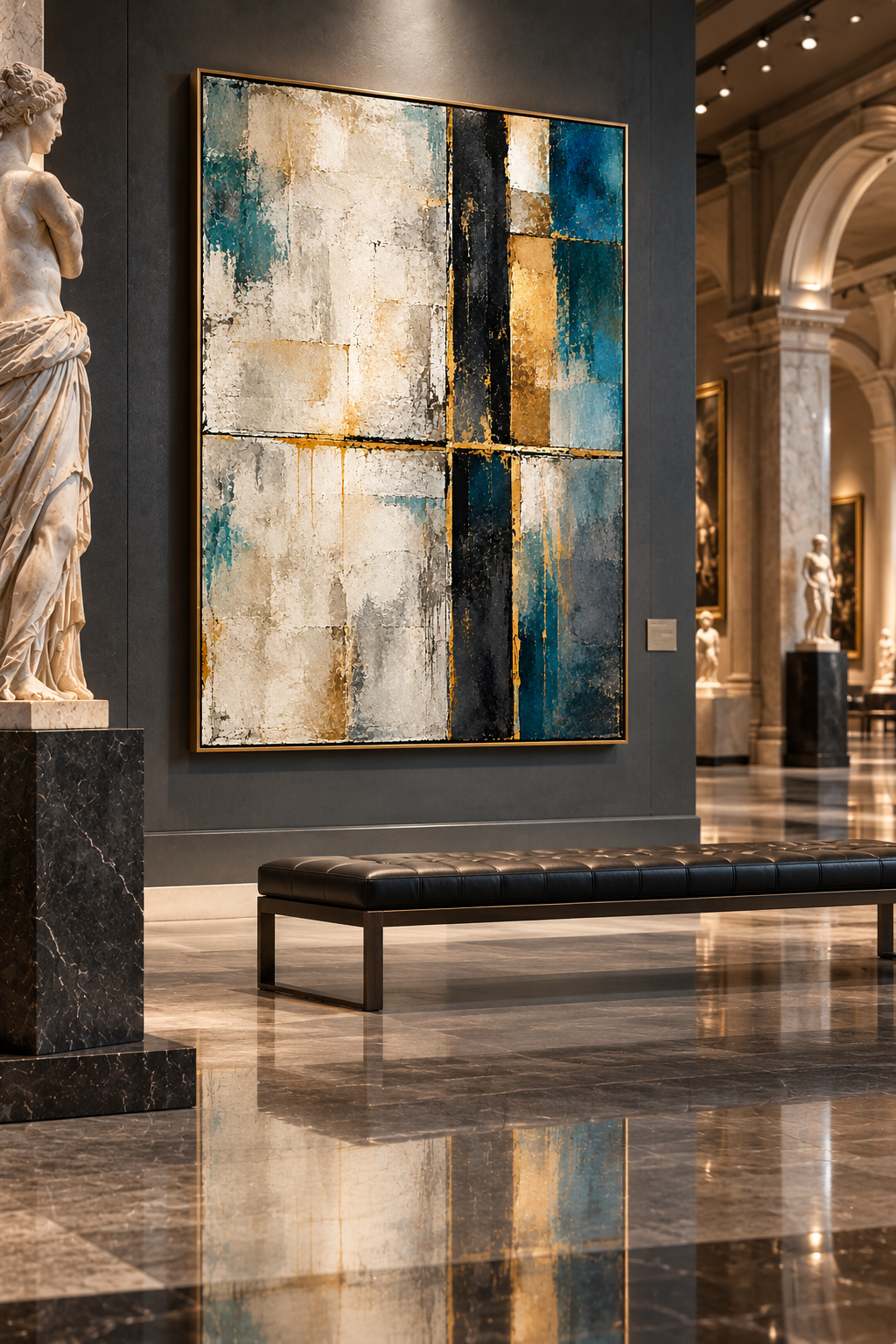 Lienzo Cuadrícula Dorada colocado en recibidor moderno