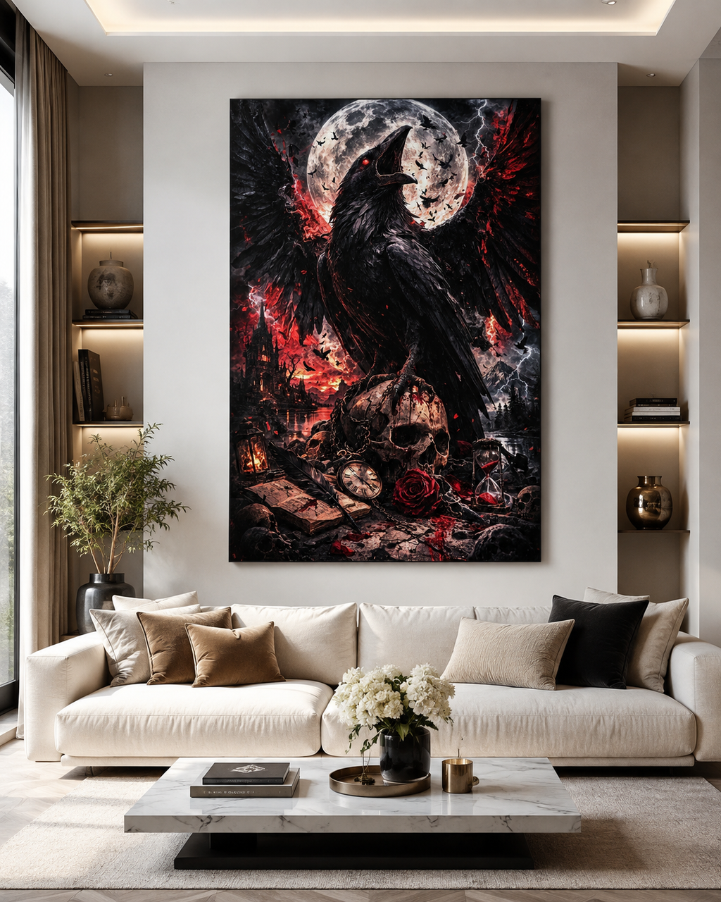 Arte gótico de cuervo con luna y detalles rojos