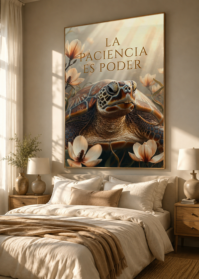 La Paciencia es Poder | lienzo de tortuga con magnolias