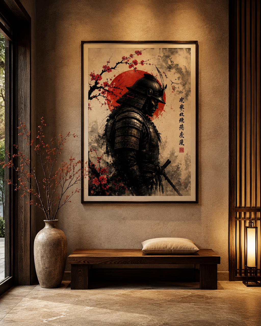 Lienzo Guardián del Sol Rojo, samurái en tinta japonesa, en salón moderno