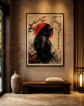Lienzo Guardián del Sol Rojo, samurái en tinta japonesa, en salón moderno