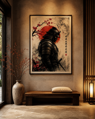 Guardián del Sol Rojo | Lienzo de Samurái en Tinta Japonesa