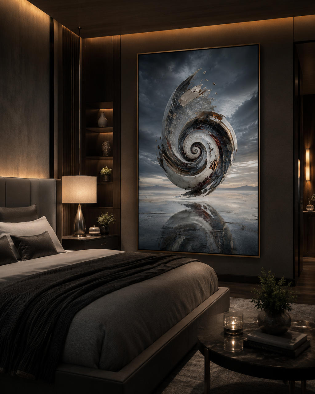 Lienzo abstracto de espiral en salón curvo beige con mesa de mármol dorada