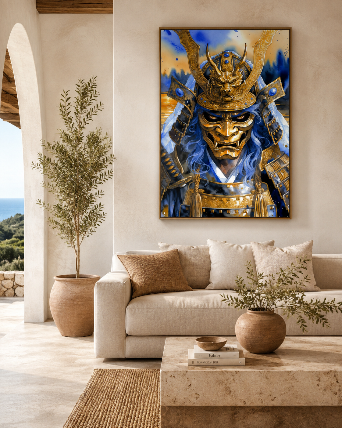 Lienzo japonés de samurái y dragón celestial dorado
