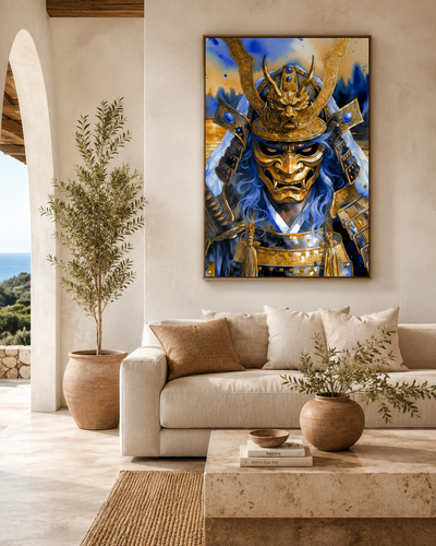 Lienzo japonés de samurái y dragón celestial dorado