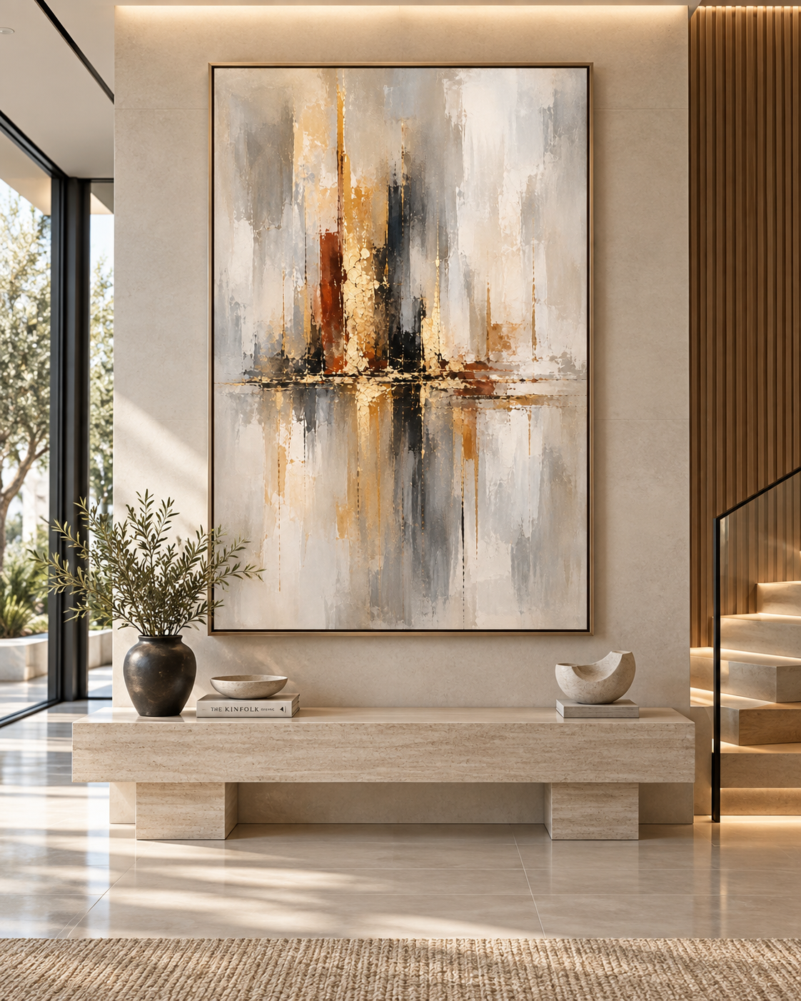 Lienzo Reflejo Dorado, abstracto en gris y dorado, en salón moderno