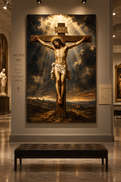 Lienzo de la Crucifixión de Cristo con rayos de luz entre nubes, expuesto en una galería de arte sacro con banco de cuero
