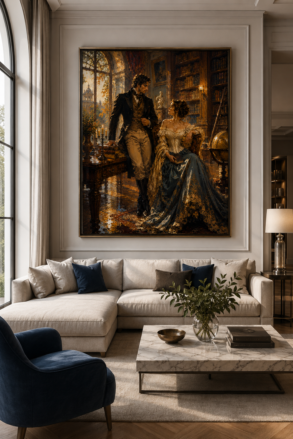 Lienzo de romance victoriano en un salón luminoso estilo palacio