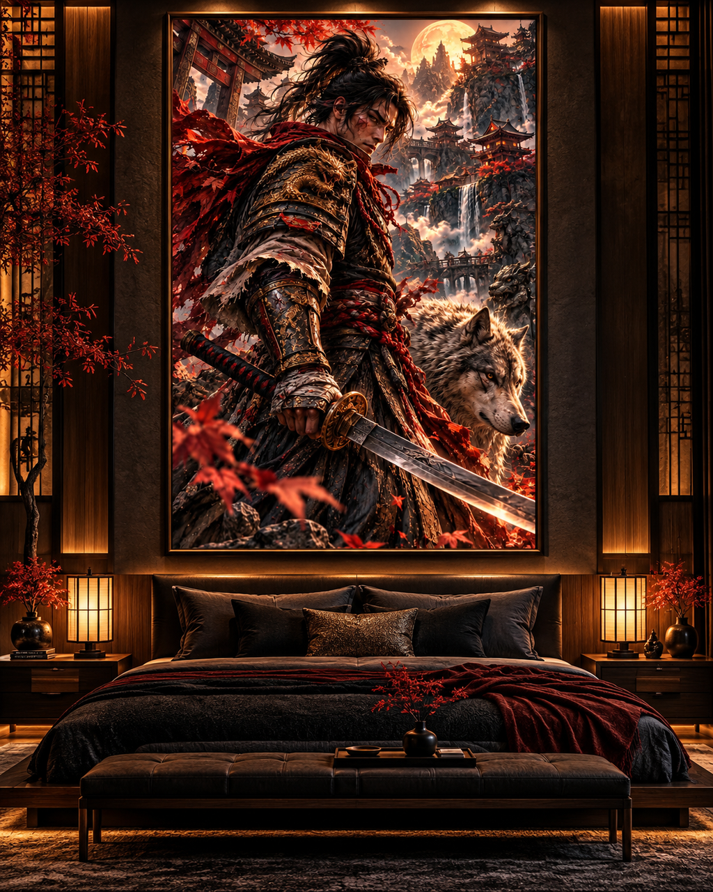 Lienzo Samurái y Lobo entre Arces Rojos, arte japonés impreso en algodón premium (vista 7 de 10)