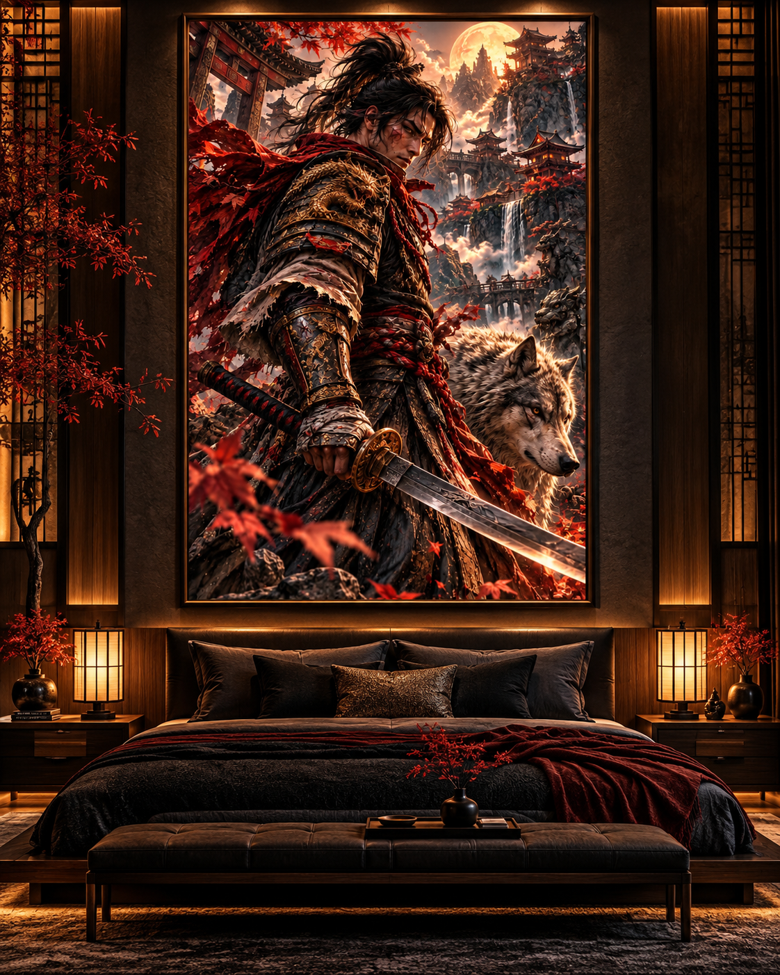 Lienzo Samurái y Lobo entre Arces Rojos, arte japonés impreso en algodón premium (vista 7 de 10)