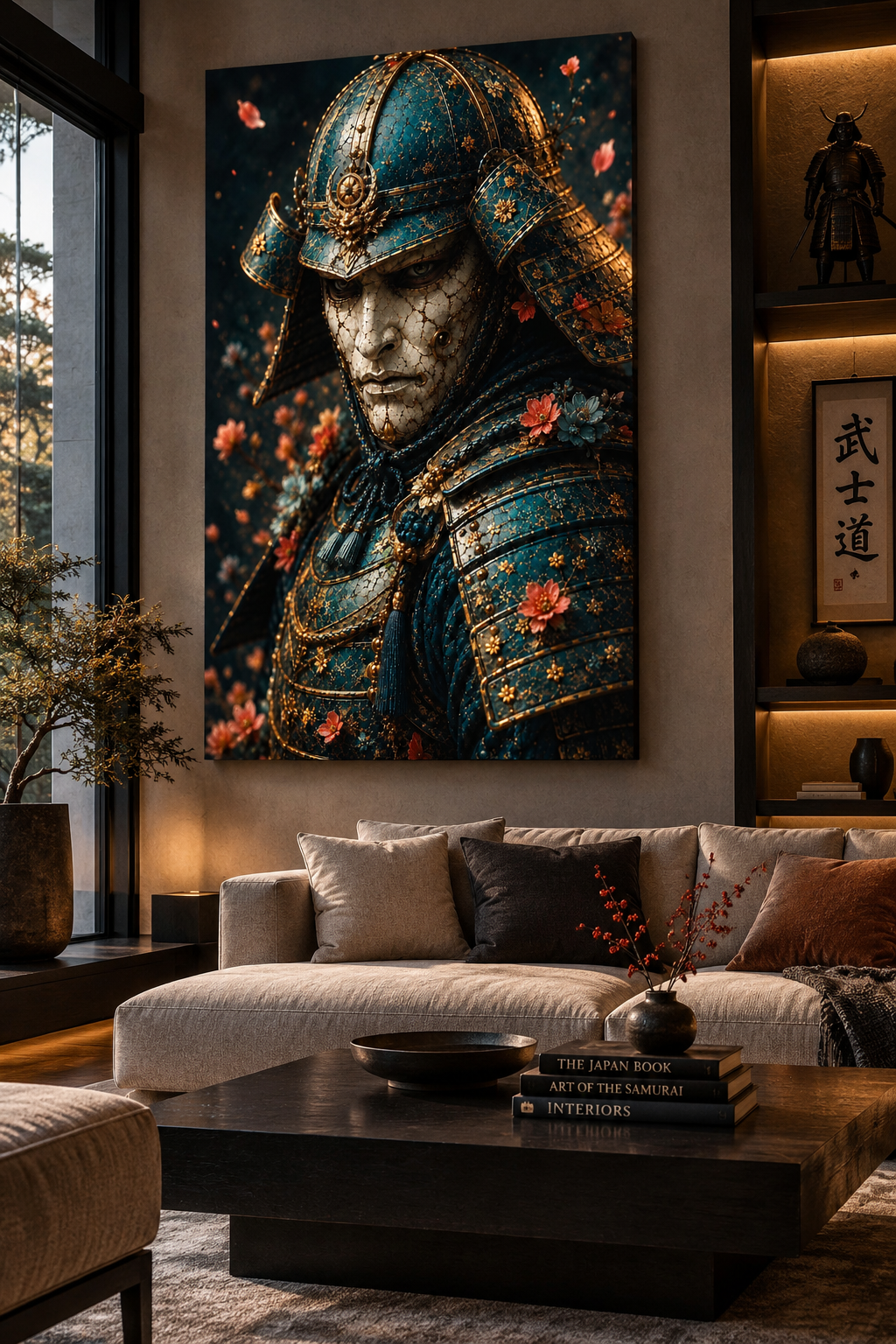 Blue and Gold Samurai with Cherry Blossoms | Japanese Canvas