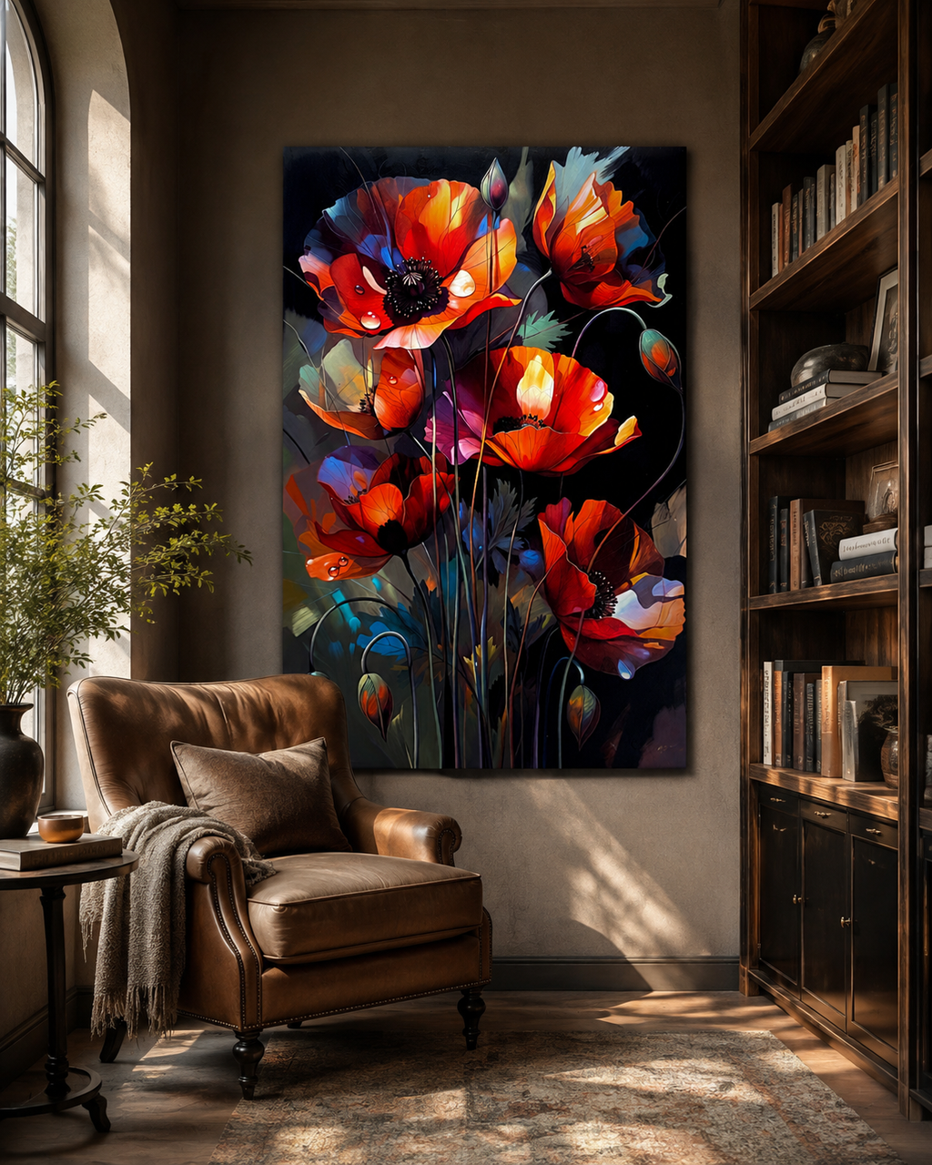 Lienzo de amapolas en flor con contraste oscuro y cálido