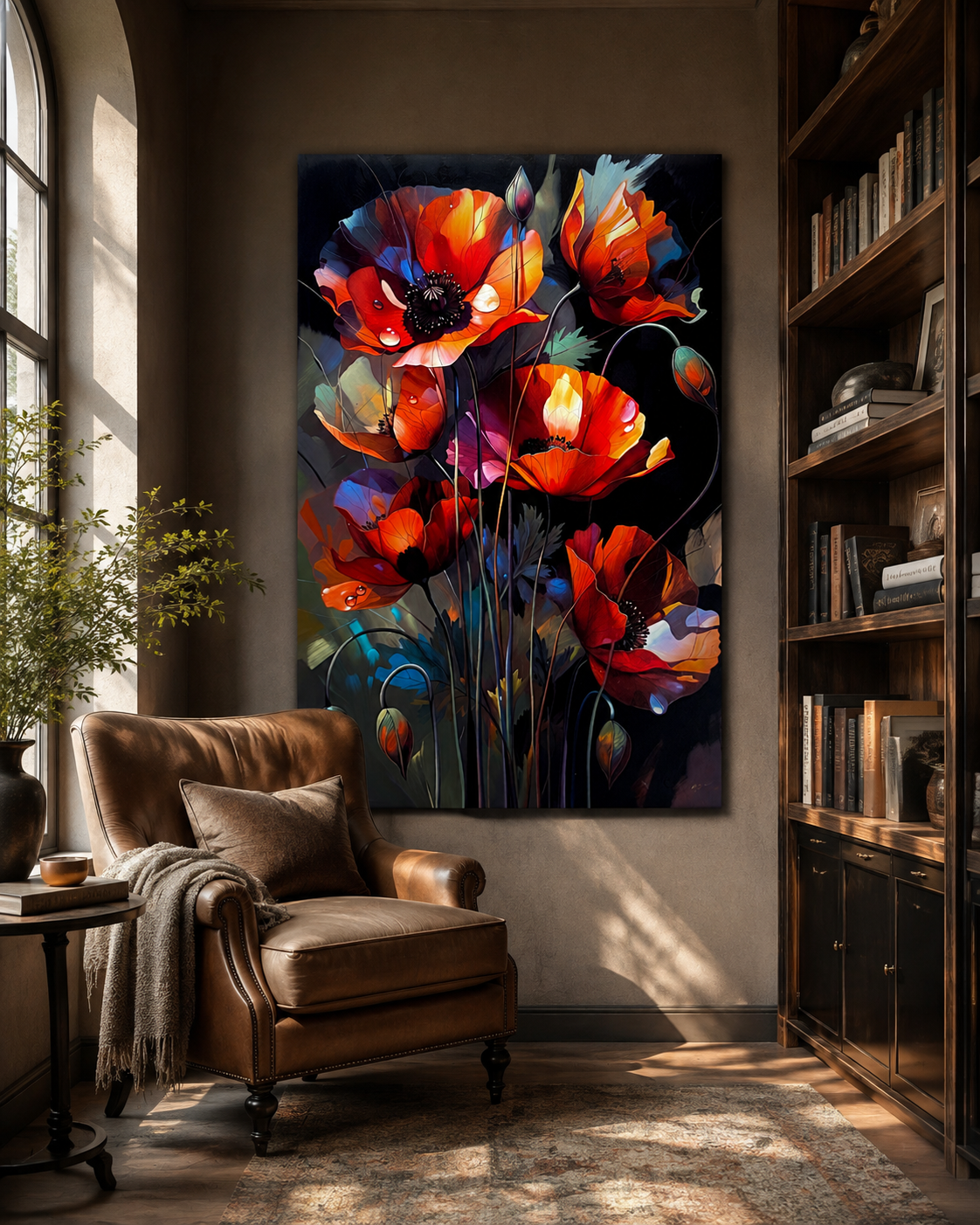 Lienzo de amapolas en flor con contraste oscuro y cálido