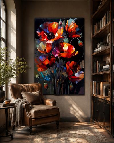 Lienzo de amapolas en flor con contraste oscuro y cálido