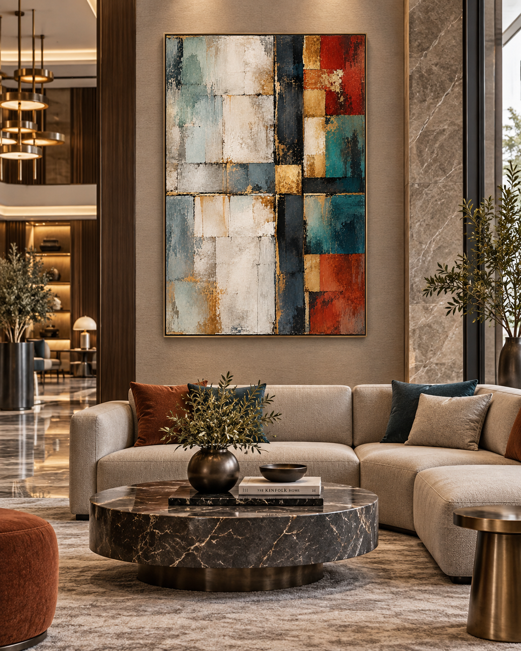 Lienzo decorativo Mosaico en Gris, Rojo y Oro en oficina o despacho