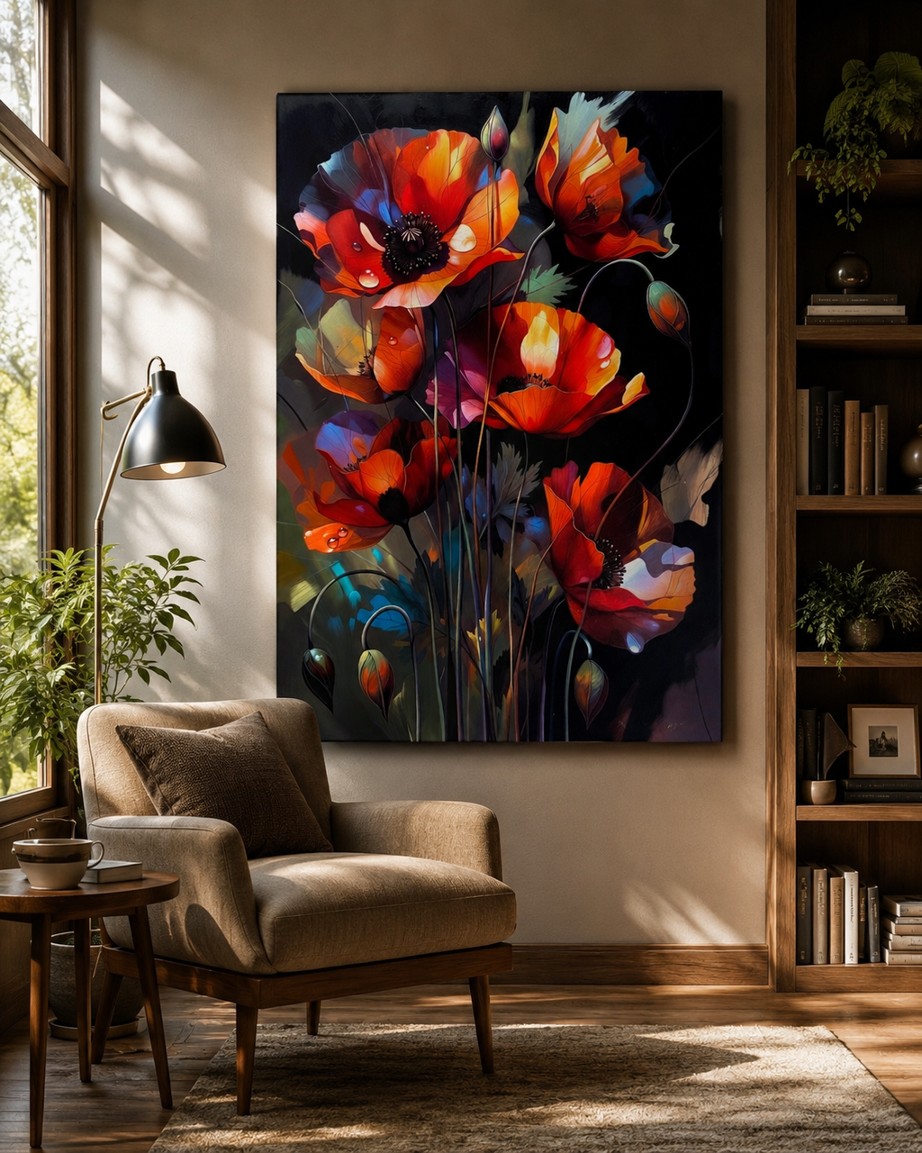 Lienzo botánico de amapolas coloridas en flor