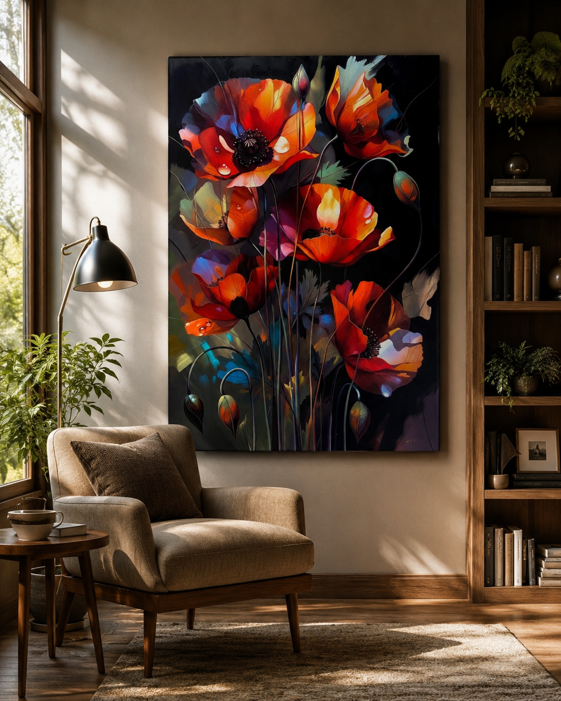 Lienzo botánico de amapolas coloridas en flor