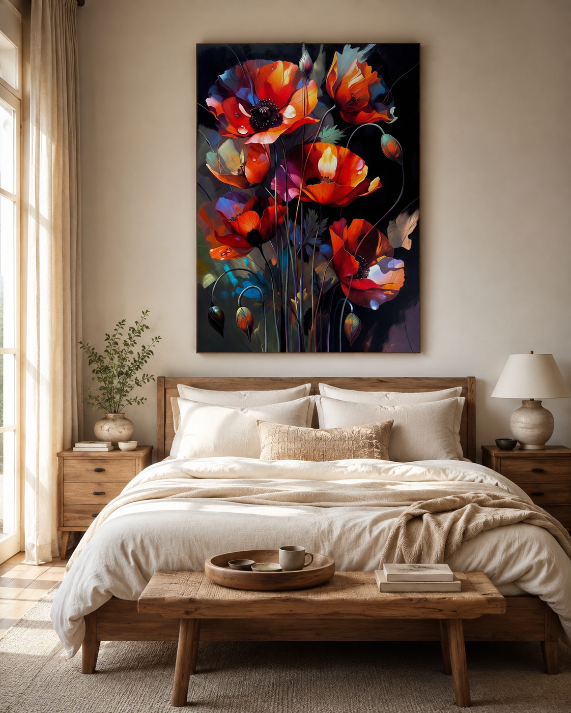 Amapolas vibrantes sobre fondo oscuro | arte de pared