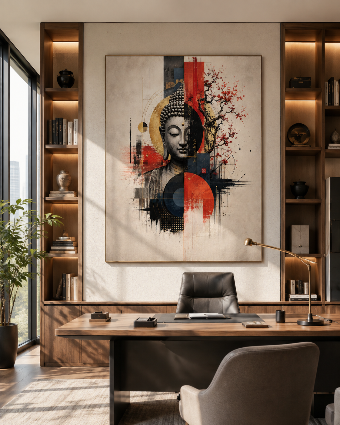 Lienzo de Buda zen en salón luminoso con sofá beige y libros de diseño